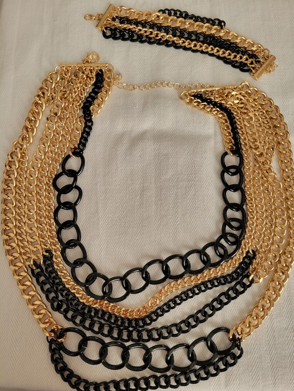 Brand New Gold and Black Multi-Chain Statement Necklace and Bracelet Set